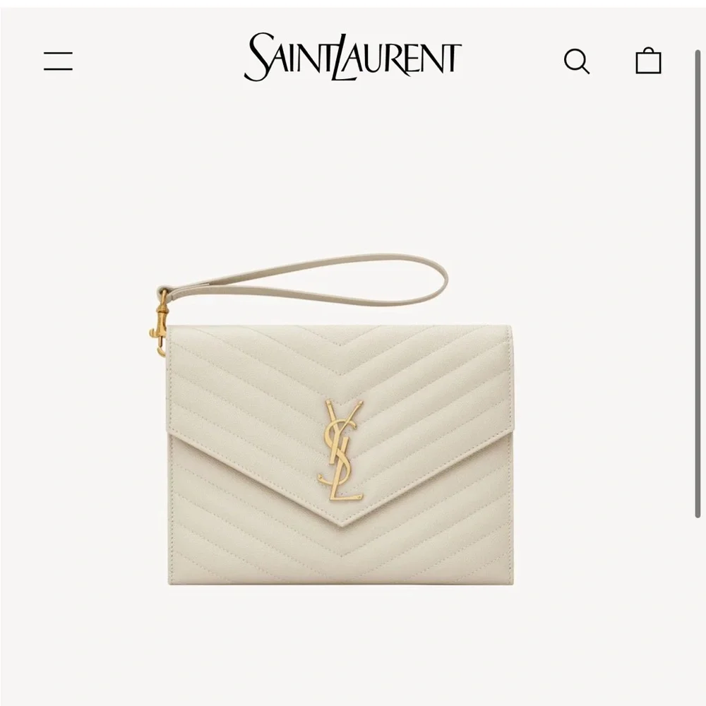YSL Grain De Poudre Matelasse Chevron Monogram Envelope Clutch Blanc - Picture 1 of 15